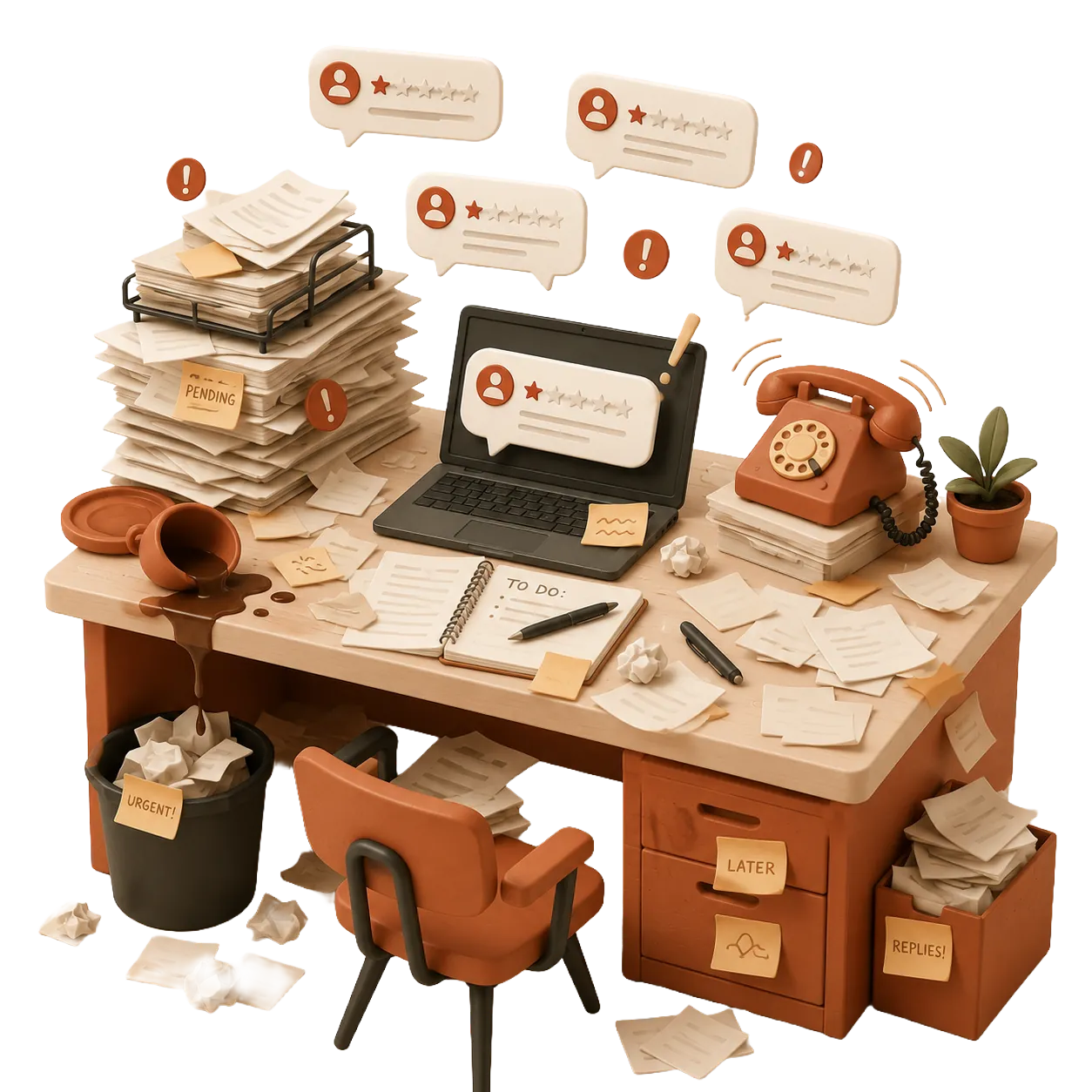 Stressed business owner dealing with bad reviews